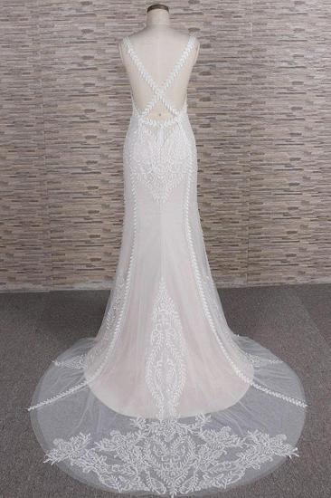 Elegante Träger A-Linie Spitzen-Hochzeitskleid | Weiße Meerjungfrau-Brautkleider mit V-Ausschnitt_3