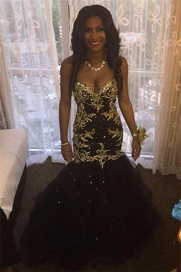 Tulle Sweetheart Mermaid Sexy Beaded 2022 Black Popular Appliques Gold Prom Dresses