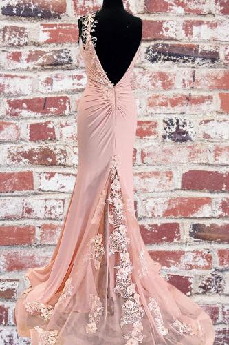 Sexy V-Neck Mermaid Evening Dress with Floral Sweep Train Spaghetti Straps Prom Maxi Gown_3