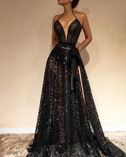Sexy Sheer Evening Gowns | Halter Slit Prom Dresses with Sash_3