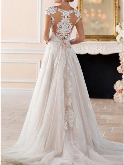 Modern A-Line Wedding Dress V-Neck Lace Tulle Straps Bridal Gowns Formal Illusion Detail with Sweep Train_4