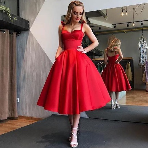 Simple Red Straps A-Line Evening Dresses | Sexy Open Back Tea Length Cheap Formal Dresses_3