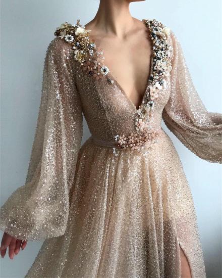 Sparkle Sequins Long Sleeves Prom Dress | Sexy V Neck Front Slit Long Prom Dress_2