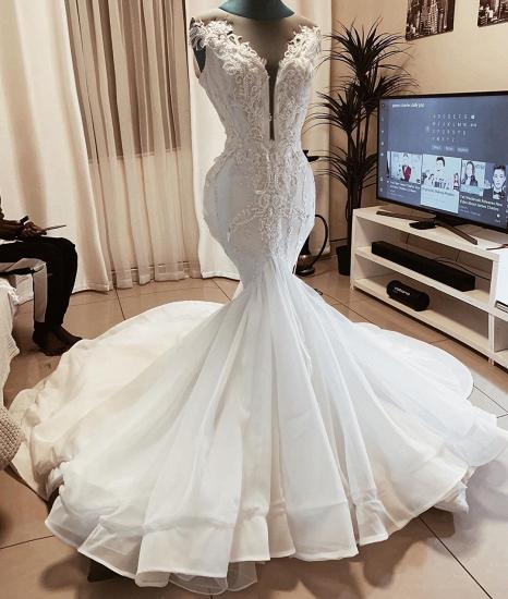 Sleeveless Beads Appliques Mermaid Wedding Dresses | Sheer Tulle V-neck Tulle Bridal Gowns_2
