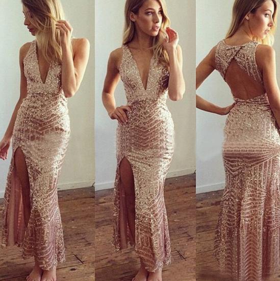2022 Geometric Sequin Long Party Dress V-neck Open Back Evening Gowns with Split_5