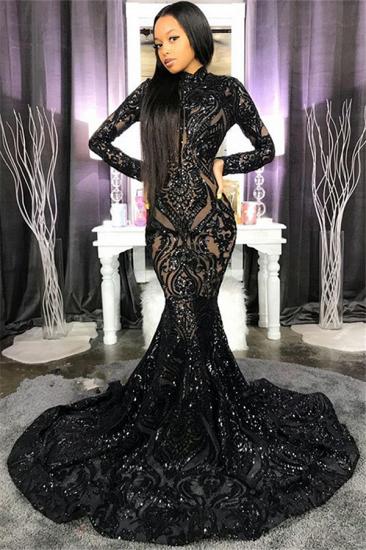 Chic High Neck Sparkle Appliques Prom Dresses | Fit and Flare Long Sleeve Evening Gowns_1