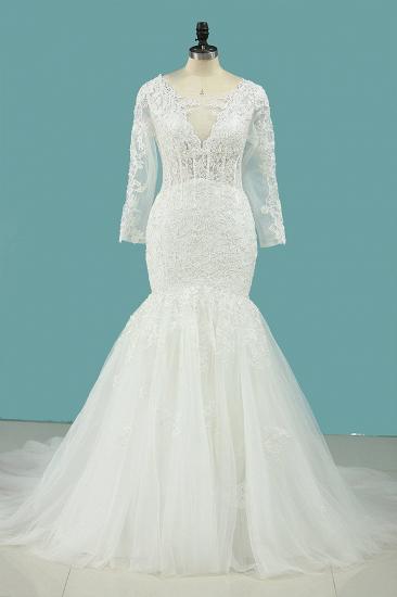 TsClothzone Elegantes quadratisches Tüll-Spitze-Hochzeitskleid Meerjungfrau mit langen Ärmeln Applikationen Brautkleider im Angebot