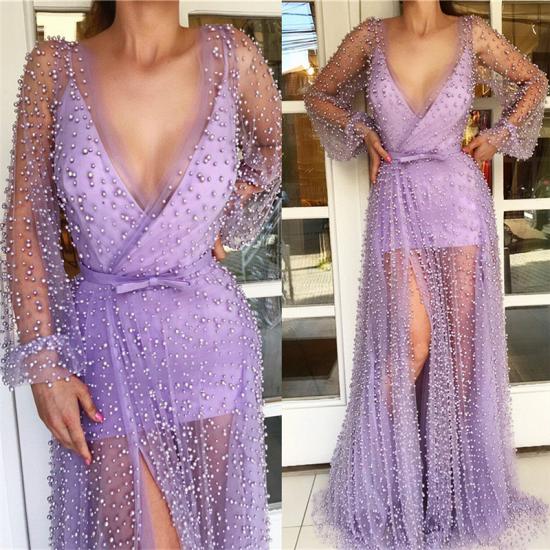 Sexy V Neck Long Sleeves Prom Dress with See Through Skirt | Chic Tulle Pink Long Prom Dress with Pearls_3