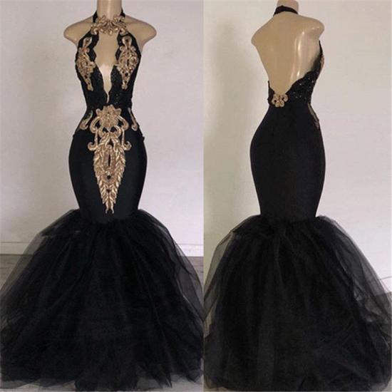 Sexy Backless Prom Dresses with Gold Appliques | Mermaid Halter Evening Gowns with Keyhole_3