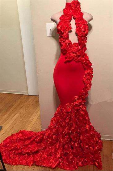 Elegant Red Halter Flower Sleeveless Mermaid Prom Dress