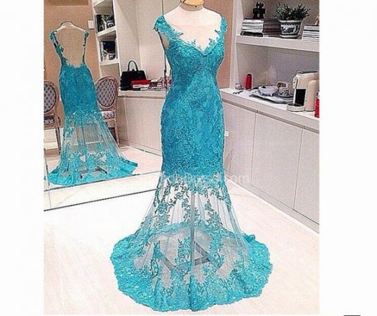 Elegant Mermaid Lace Prom Gowns 2022 V-Neck Sweep Train Backless Evening Dresses_2