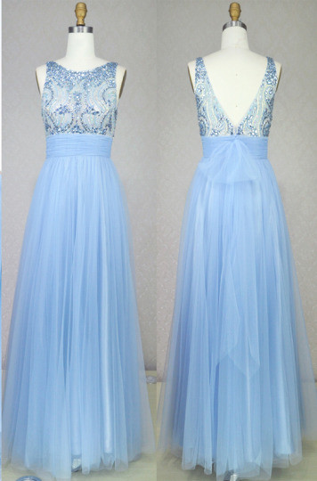 Light Blue Soft Mesh Cute Long Prom Dresses with Crystals Beadings Bowknot Sash Open Back 2022 Evening Gowns