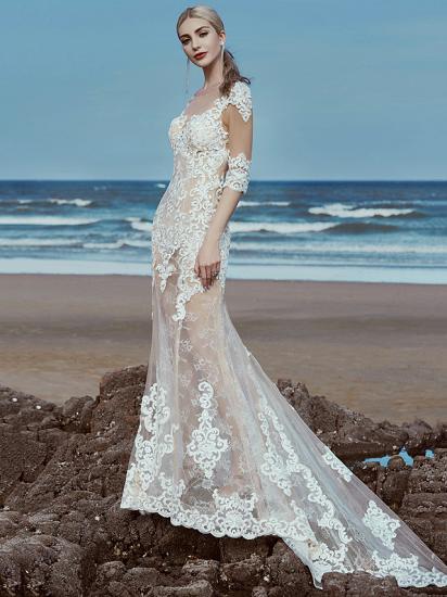 Beautiful Mermaid Wedding Dress Scoop Lace Tulle Half Sleeve Bridal Gowns with Sweep Train_3