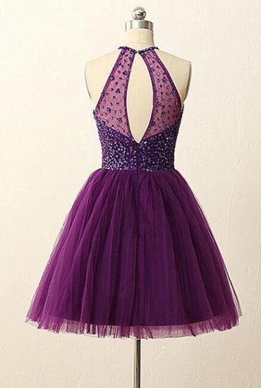Purple Halter Crystal Mini Dresses A-Line Tulle 2022 Homecoming Gowns_3