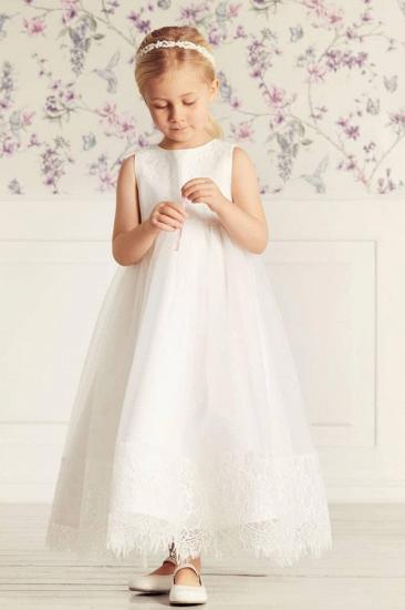 Simple Lace Tulle Long Flower Girl Dresses | White High neck  Little Girls Pageant Dresses_1
