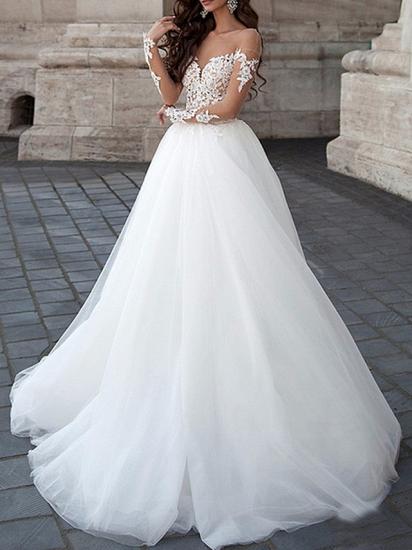 Illusion A-Line Wedding Dress Strapless Lace Tulle Long Sleeve Formal Bridal Gowns On Sale