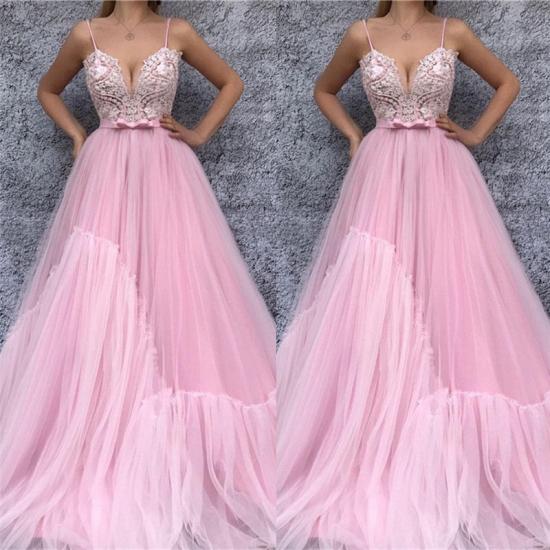 Sexy Spaghetti-Träger mit V-Ausschnitt Pink Prom Dress | Chic Lace Mieder Günstige Langes Abendkleid mit Schärpe_2