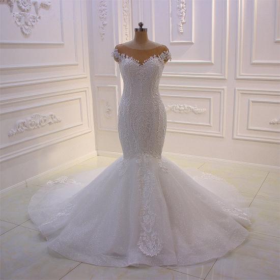 Off-the-Shoulder Sweetheart White Lace Appliques Tulle Mermaid Wedding Dress_5