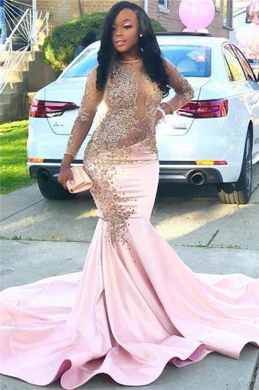 Sparkling Beads Sequins Pink Prom Dresses Cheap | Long Sleeve Sheer Tulle Mermaid Evening Gowns_1