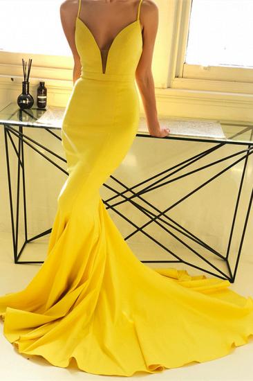 Ginger Yellow Deep V-neck Prom Dress with Chapel Train | Sexy Simple Body-fitting Evening Dress for Sale