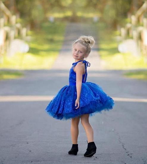 Newest Royal Blue Lace Appliques Flower Girl Dress | Halter Puffy Mini Little Girls Pageant Dress_3