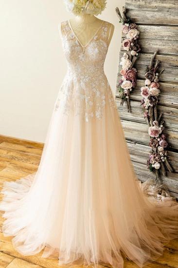 Affordable Straps V-neck Champagne Wedding Dress | A-line Applique Tuelle Bridal Gowns_1