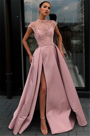 Pink Lace Cap-Sleeves Evening Dresses 2022 | Cheap Side Slit Beading Prom Dresses with Pockets