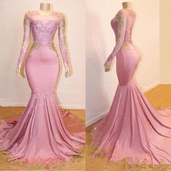 Pink Mermaid Long Sleeves Prom Dresses Cheap | 2022 Gold Appliques Evening Dresses Online_3