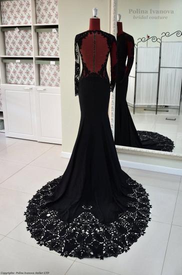 Black Long Sleeves Mermaid Wedding Dress with Sweep Train_11