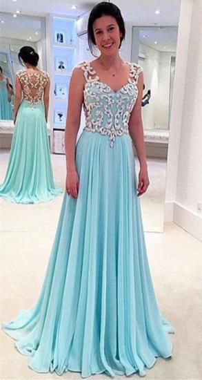 Latest Blue Lace Chiffon Prom Dress A-Line Sweep Train Plus Size Formal Occasion Gowns