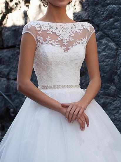 Vintage A-Line Wedding Dress Bateau Lace Cap Sleeve Glamorous Bridal Gowns Illusion Detail Backless with Sweep Train_2