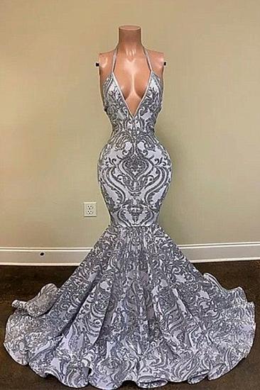 Sexy Halter Silver Mermaid Prom Dress Sleeveless Sparkly Appliques Party Gown