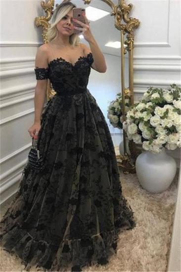 Black Off-the-Shoulder A-line Evening Dresses 2022 Tulle Appliques Prom Dresses_2