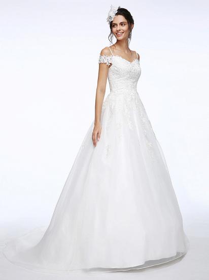 Ball Gown Wedding Dress Off Shoulder Organza Beaded Lace Short Sleeve Bridal Gowns with Court Train_3
