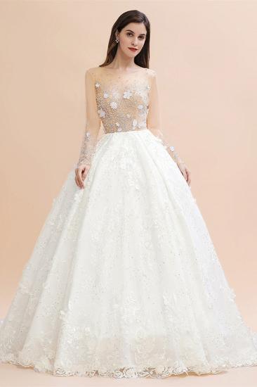 Charmantes Hochzeitskleid mit floralen Spitzenapplikationen Wunderschönes weißes Perlen-Brautkleid_1