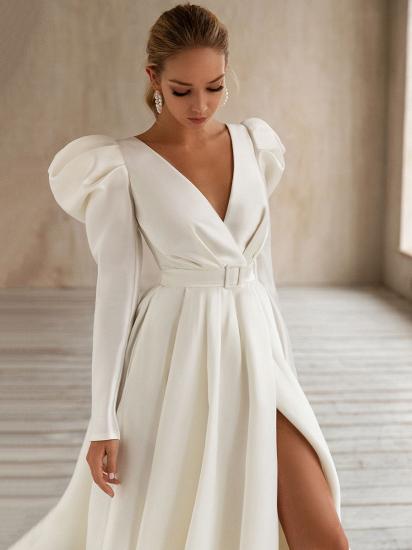 Gorgeous Satin White Split Ruffles V Neck Wedding Dresses With Long Sleeves_3