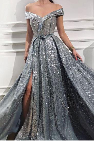 Glittery Off The Shoulder Sequins Front-Split Ruffles Prom Dresses_1
