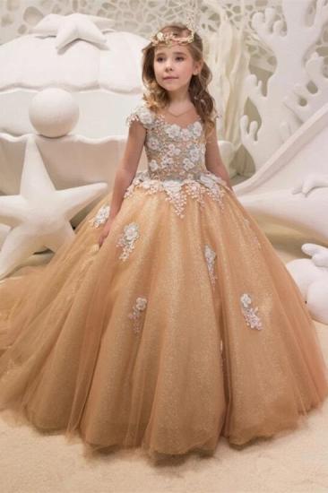 Schöne lange Champagner Flügelärmel Blumenmädchenkleider mit Schnürung | Juwel Tüll Kinder Kleider für Hochzeit
