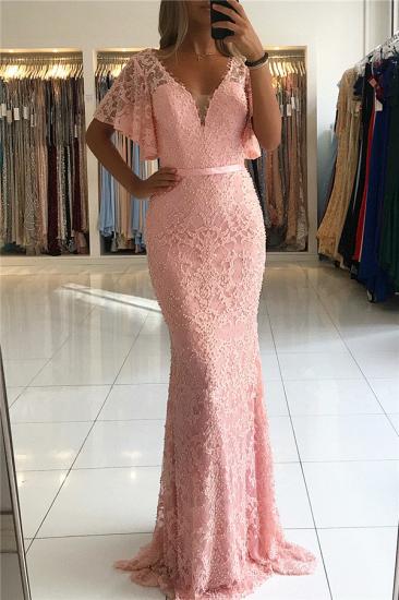 Open Back Pink Lace Evening Dresses with Short Sleeves | 2022 Full Beads Cheap Prom Dresses Sexy_2