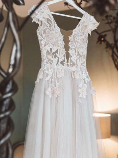 Beautiful V Neck Tulle Split Appliques Backless Wedding Dresses_4
