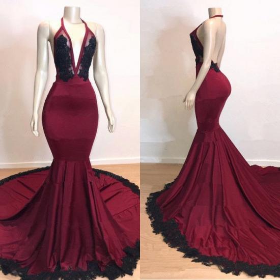 Sexy Backless Black Lace Prom Dresses Cheap 2022 | Mermaid V-neck Burgundy Evening Gown with Long Train_3