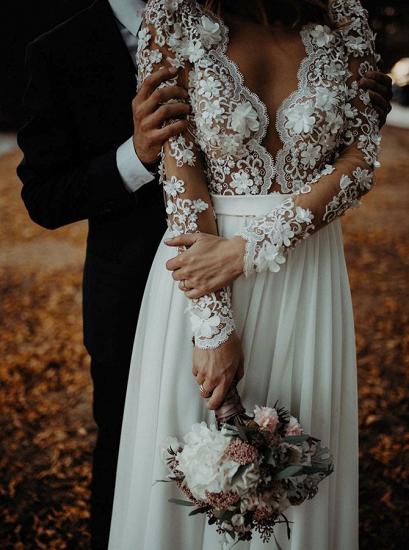 Charming Long Sleeve Lace Applique Front Split Bridal Gowns|Long V-Neck Wedding Dress_4