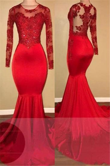 Long Sleeve Mermaid Lace Prom Dresses | Red Sheer Tulle Evening Gown