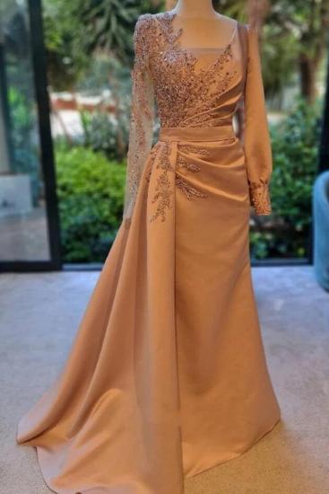 Elegant Long Sleeve Prom Dress Floral Satin Evening Dress with Side Swept Train