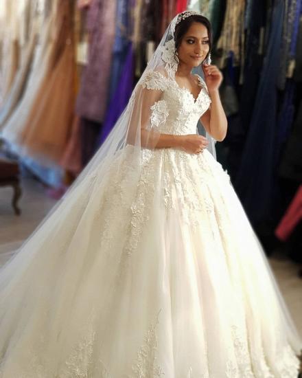Stunning Off Shoulder V-Neck Tulle Lace Appliques Wedding Dress Aline Bridal Dress_2