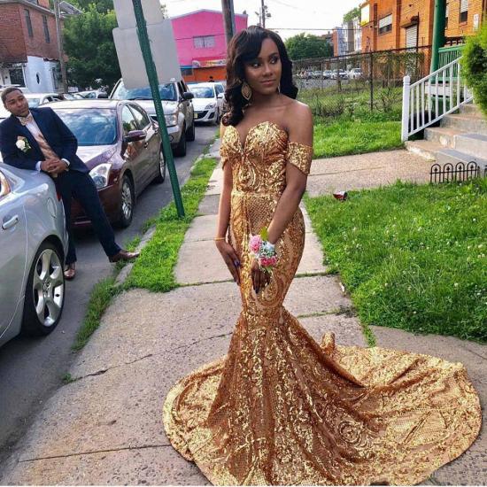 Off The Shoulder Mermaid Sweetheart Sleeveless Sequins Prom Dresses | Gold Floor Length Party Gowns_2