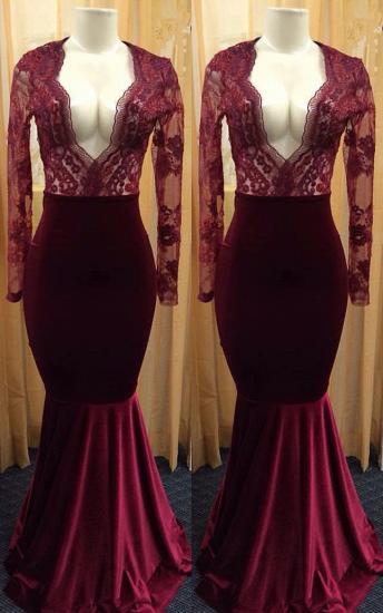 Sexy Deep V-neck Burgundy Lace Long Sleeve Prom Dress 2022 Mermaid Velvet Evening Gown_2