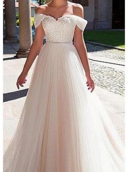 Formal A-Line Wedding Dress Off Shoulder Lace Tulle Short Sleeve Bridal Gowns with Sweep Train_3