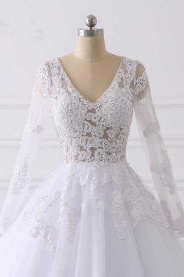 TsClothzone Elegantes Brautkleid mit V-Ausschnitt und langen Ärmeln, weißes Tüll, Spitzenapplikationen, Brautkleider im Angebot_5