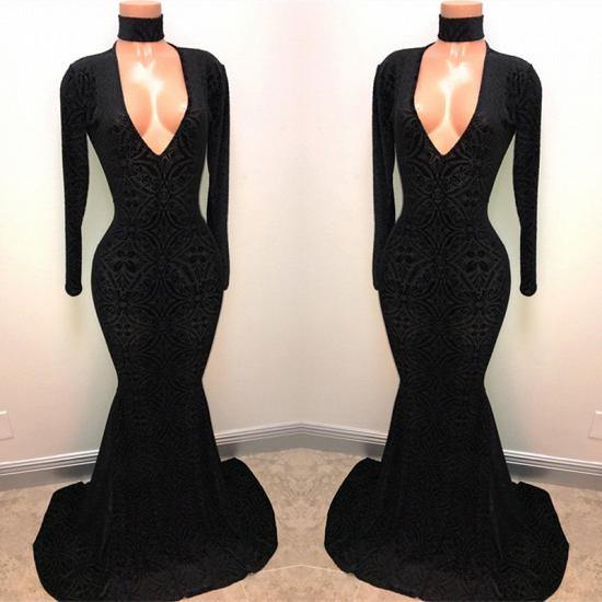 Schwarzes Spitzen Abendkleid mit V-Ausschnitt | Mermaid Langarm Abendkleider BA8512_3